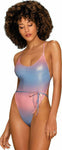 Costum de baie întreg Rionella – body sexy cu aspect lucios, decupaje și șnur în talie M, pastel multicolor